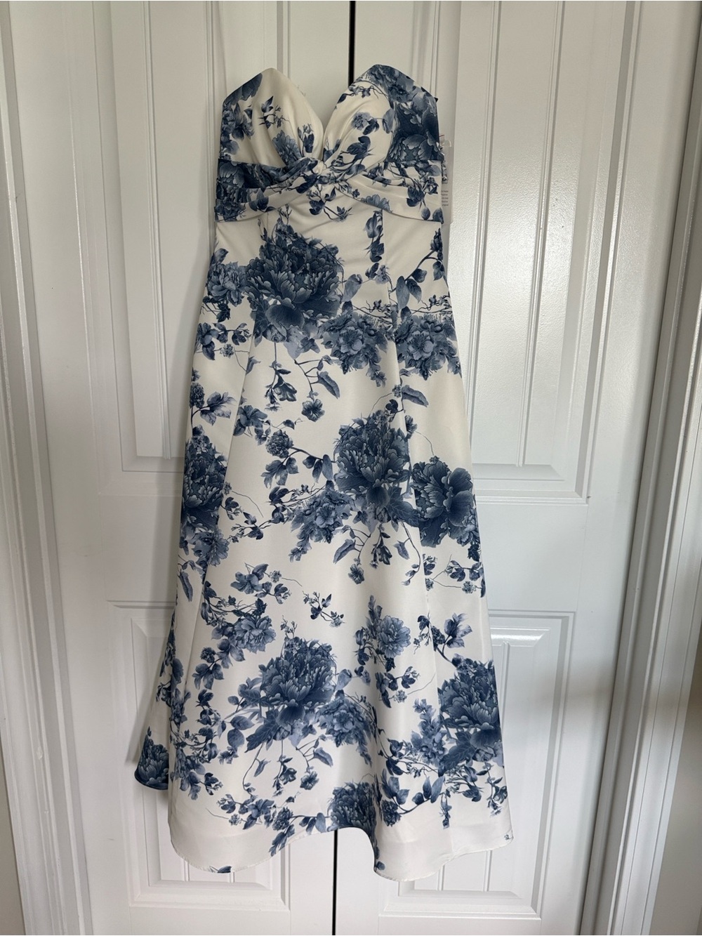Jenny Yoo White Strapless Midi Dress with Blue Floral Print NWT